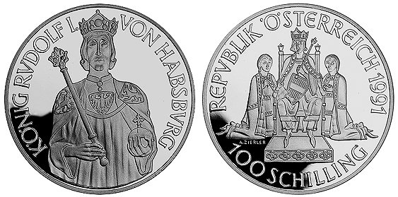 Австрия, 100 шиллингов 1991 год, Рудольф I Габсбург, ПРУФ