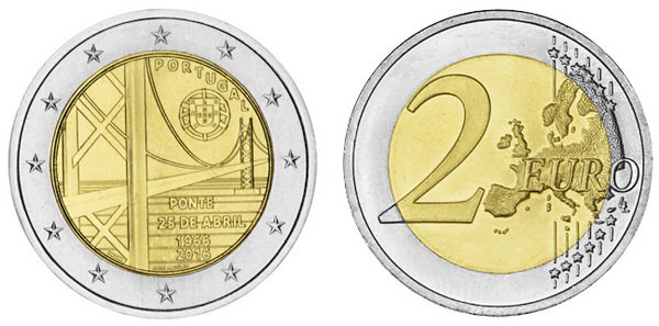 Португалия, 2 евро 2016 (UNC) 50-летие моста имени 25 апреля