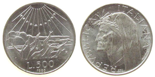 Италия, 500 лир 1965 год, Данте Алигьери