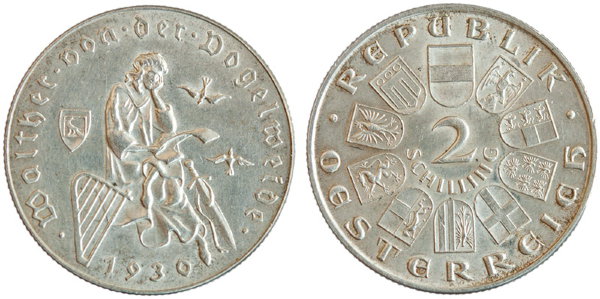 Австрия, 2 шиллинга 1930 год, Вальтер Фогельвайде