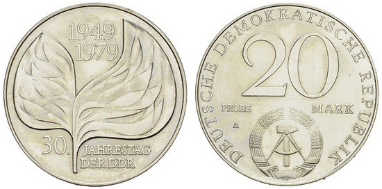 ГДР, 20 марок 1979 год, 30 лет ГДР, проба