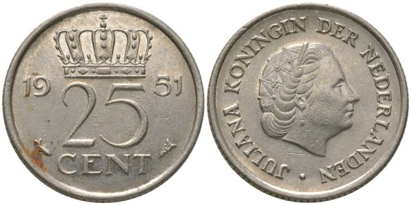 Нидерланды 25 центов 1951 год