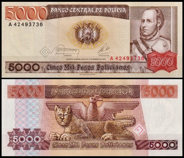 Боливия 5000 песо 1984 (UNC Pick 168)