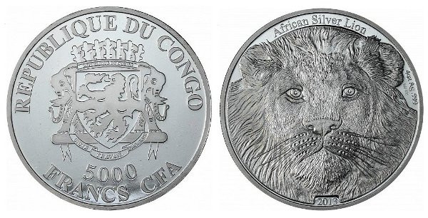 Конго, 5000 франков 2013 год, Африканский лев, ПРУФ