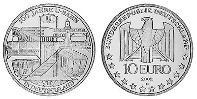 Германия, 10 евро 2002 D (UNC) 100 лет немецкому метро