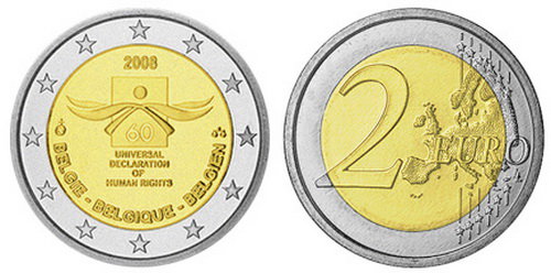 Бельгия, 2 евро 2008 год, 60 лет Декларации прав человека