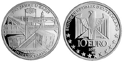 Германия, 10 евро 2002 D (PROOF) 100 лет немецкому метро