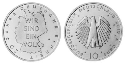 Германия, 10 евро 2010 A (UNC) 20-летие объединения Германии