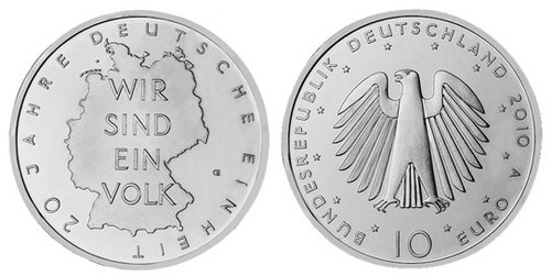 Германия, 10 евро 2010 A (UNC) 20-летие объединения Германии
