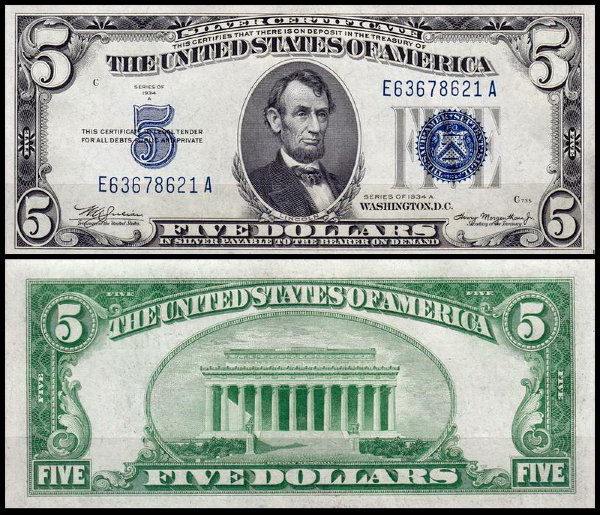 США 5 долларов 1934A (UNC Pick 414Aa) Silver Certificate