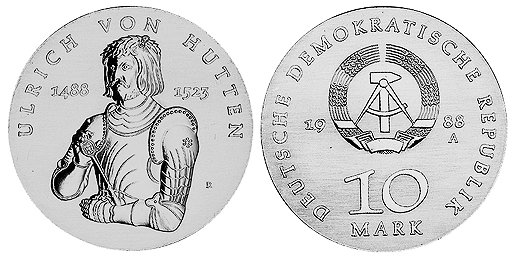 ГДР, 10 марок 1988 год, Ульрих фон Гуттен