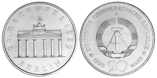 ГДР, 20 марок 1990 год, Бранденбургские ворота