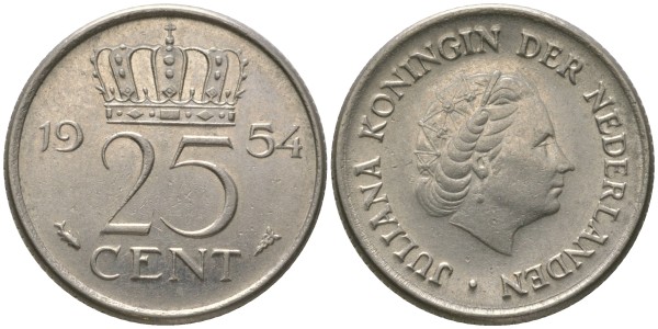 Нидерланды 25 центов 1954 год