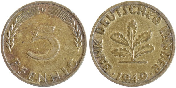 Германия, 5 пфеннигов 1949D год, XF №16