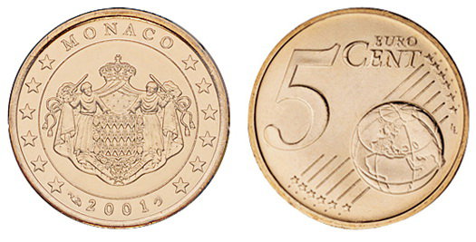 Монако, 5 центов 2001 (UNC, медь)