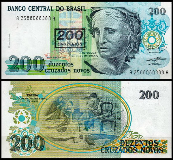 Бразилия 200 крузейро 1990 (UNC Pick 225) На банкноте 200 крузадо