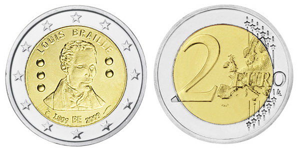 Бельгия, 2 евро 2009 год, Луи Брайль