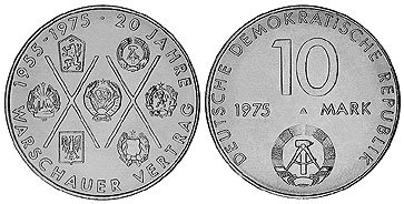 ГДР, 10 марок 1975 год, 20 лет Варшавскому Договору