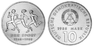 ГДР, 10 марок 1988 год, 40 лет Союзу физкультуры и спорта ГДР