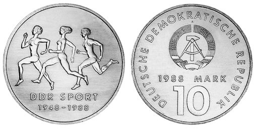 ГДР, 10 марок 1988 год, 40 лет Союзу физкультуры и спорта ГДР