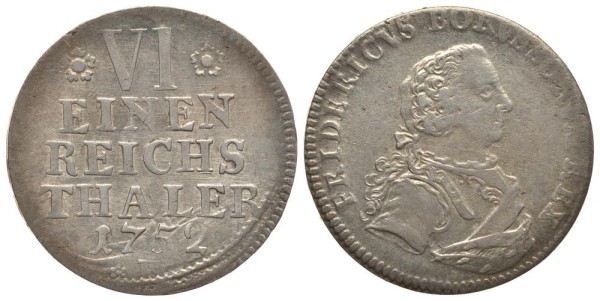 ПРУССИЯ 1/6 ТАЛЕРА 1752 F, ФРИДРИХ II(1740-1786)
