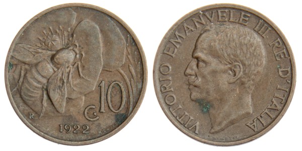 Италия, 10 чентезимо 1922 год,