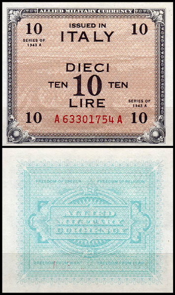 Италия 10 лир 1943A (UNC Pick M19a) Серия АA