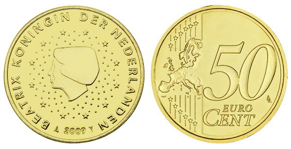 Нидерланды, 50 центов 2009 (UNC, латунь)