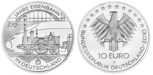 Германия, 10 евро 2010 D (UNC) 175 лет немецким железным дорогам