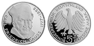 Германия, 5 марок 1977 год, Карл Фридрих Гаусс, ПРУФ