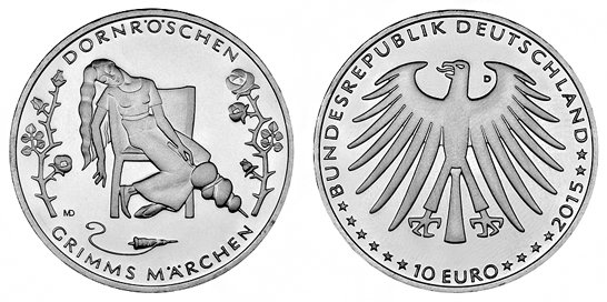Германия, 10 евро 2015 D (UNC, никель) Сказки братьев Гримм, Спящая красавица