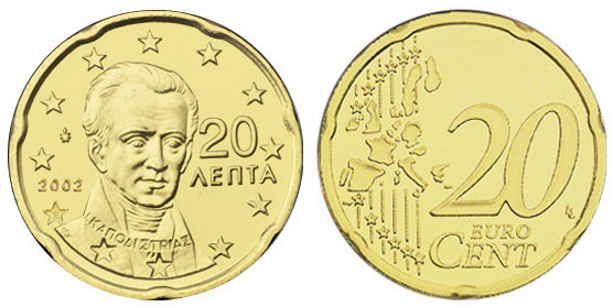 Греция, 20 центов 2002 (UNC, латунь) Со знаком монетного двора