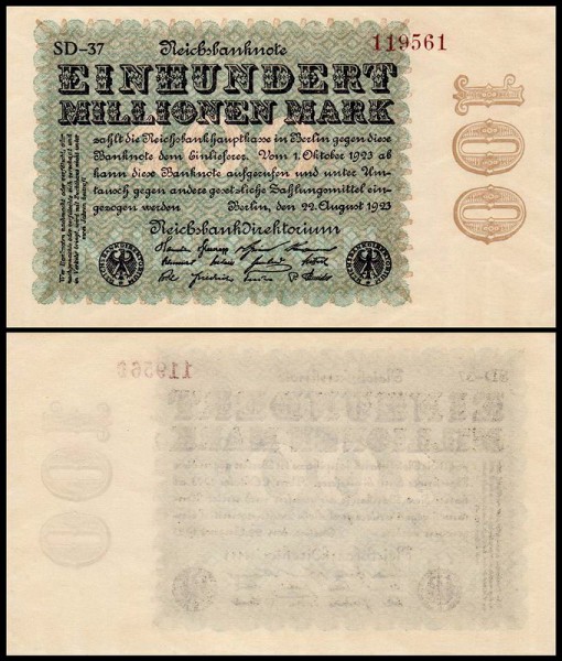 Германия 100.000.000 марок 1923 UNC P.107 Вариант 3