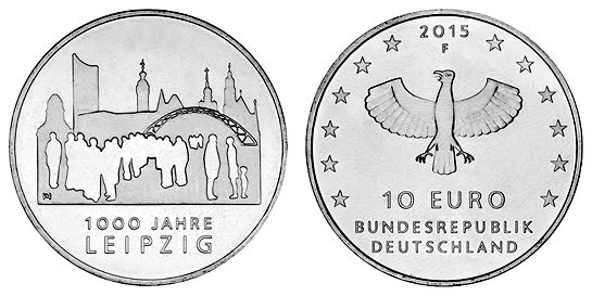 Германия, 10 евро 2015 F (UNC, никель) 1000 лет городу Лейпциг