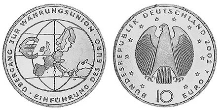 Германия, 10 евро 2002 F (UNC) Переход к валютному союзу, Введение евро