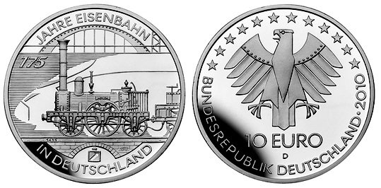 Германия, 10 евро 2010 D (PROOF) 175 лет немецким железным дорогам