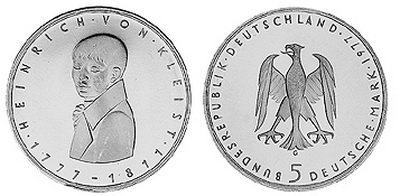 Германия, 5 марок 1977 год, Генрих фон Клейст