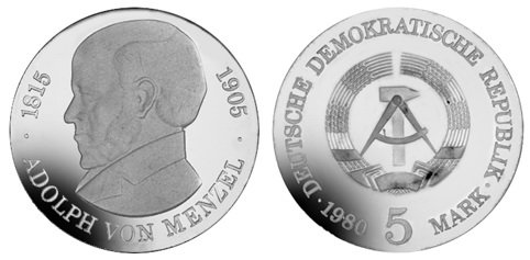 ГДР, 5 марок 1980 год, Адольф фон Менцель, ПРУФ