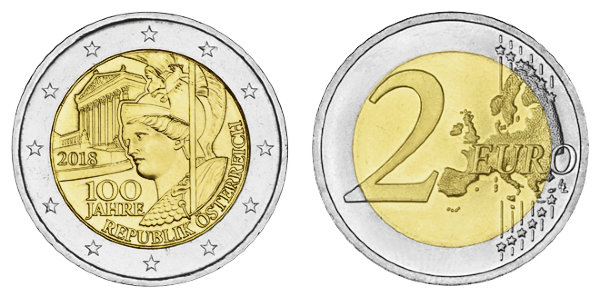 Австрия, 2 евро 2018 год, 100 лет Австрийской Республике