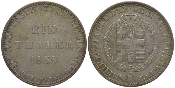 Гессен-Кассель 1 талер 1838 Вильгельм II Гессен-Кассельский (1821-1847) и Фридрих Вильгельм I (1831-1847)