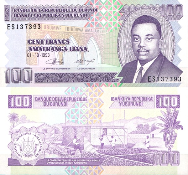Бурунди 100 франков 1993 (UNC Pick 37)