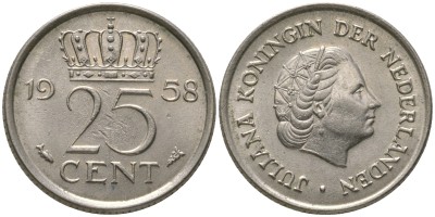 Нидерланды 25 центов 1958 год