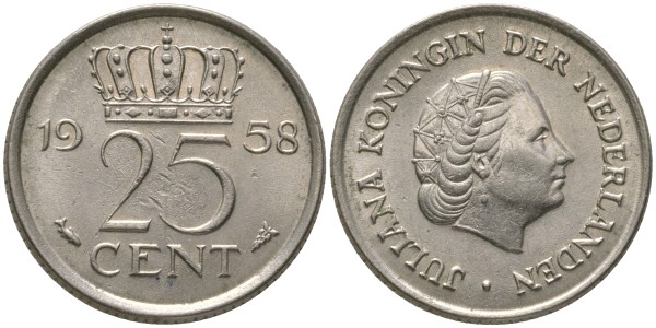 Нидерланды 25 центов 1958 год
