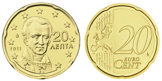 Греция, 20 центов 2011 (UNC, латунь)