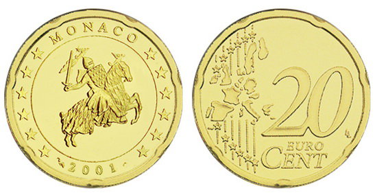 Монако, 20 центов 2001 (UNC, латунь)