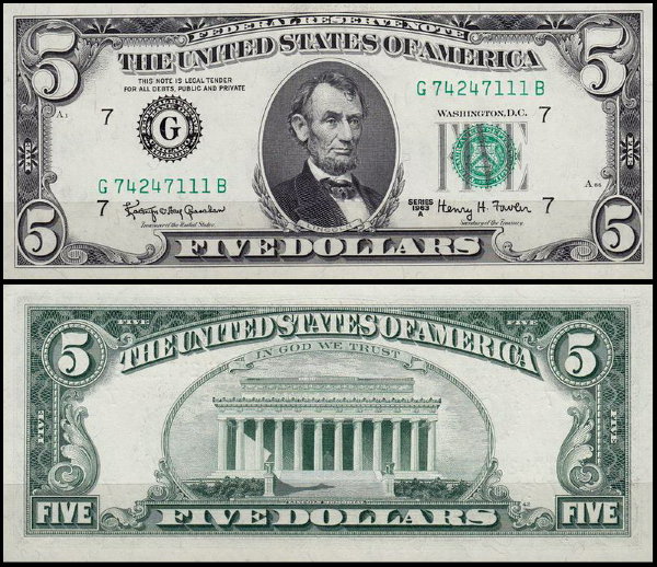 США 5 долларов 1963A (UNC Pick 444b) Federal Reserve Note