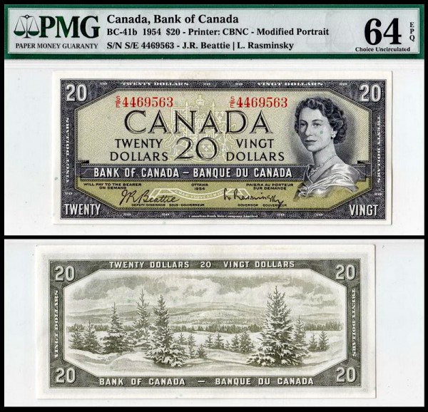 Канада 20 долларов 1961-1970 (UNC Pick 80b) Beattie-Rasminsky. PMG64