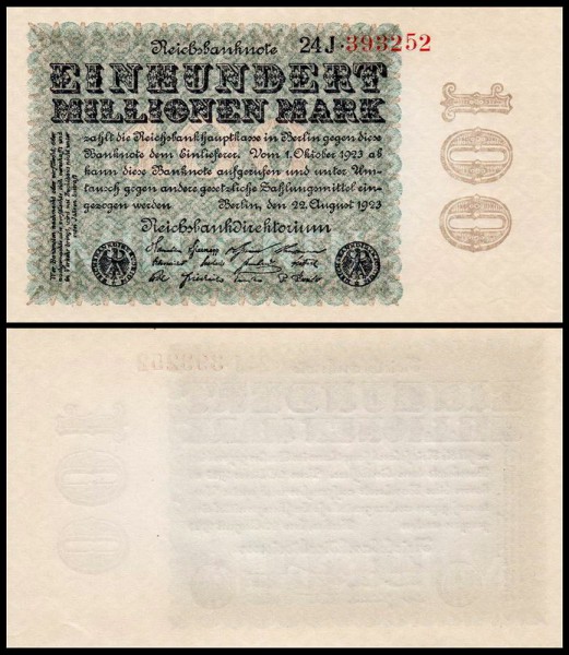 Германия 100.000.000 марок 1923 UNC P.107 Вариант 5