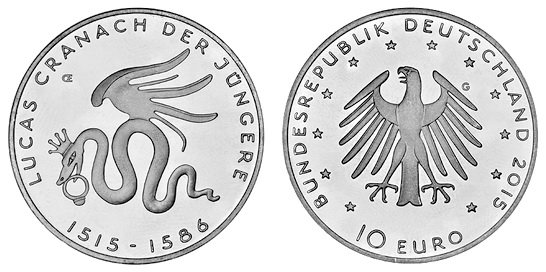 Германия, 10 евро 2015 G (UNC, никель) 500 лет со дня рождения Лукаса Кранаха Младшего