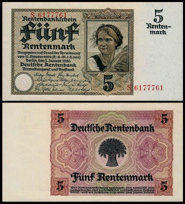 Германия 5 марок 1926 UNC P.169 7-значный номер